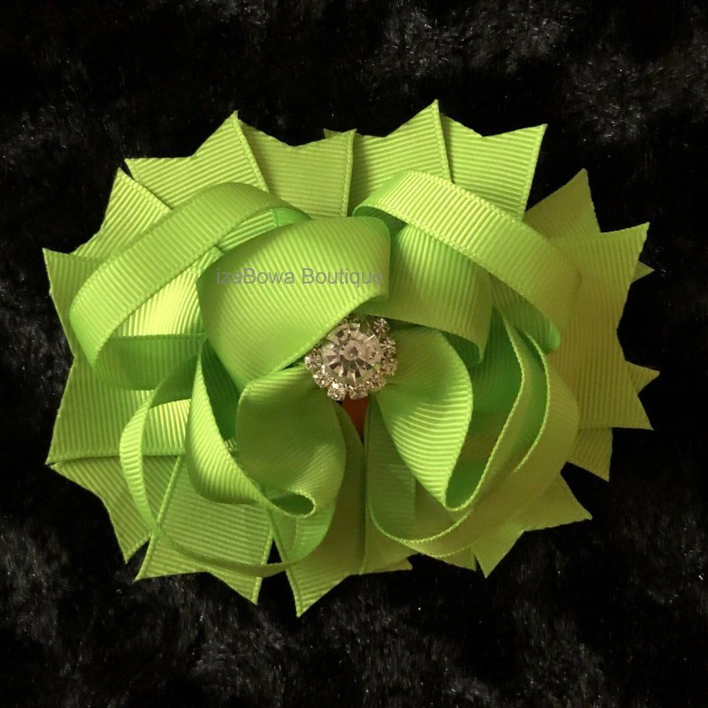 ❤️HOST PICK❤️ Apple Green Deluxe Bow w Rhinestone Center (2) 5B2080 Handmade Bo - Picture 4 of 4